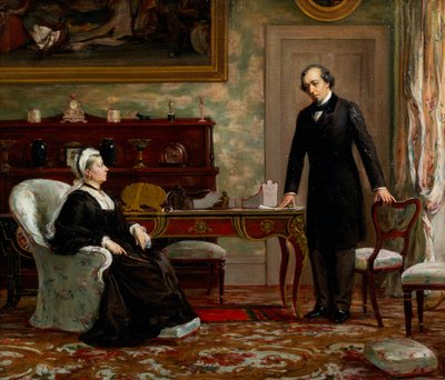 Frieden mit Ehre - Königin Victoria (1819-1901) mit Benjamin Disraeli (1804-81) nach der Unterzeichnung des Berliner Vertrags 1878 von Theodore Blake Wirgman